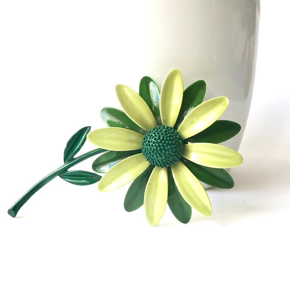 Vintage Green  Flower Brooch, 1960 Flower Power P… - image 1