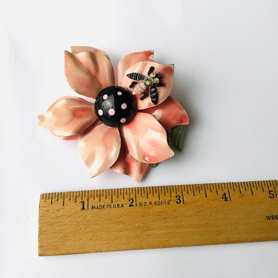 Vintage Pink Enamel Flower Brooch with a fly - image 2