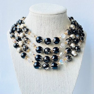 Vintage Black Bead and Crystal Necklace image 1