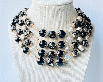 Vintage Black Bead and Crystal Necklace