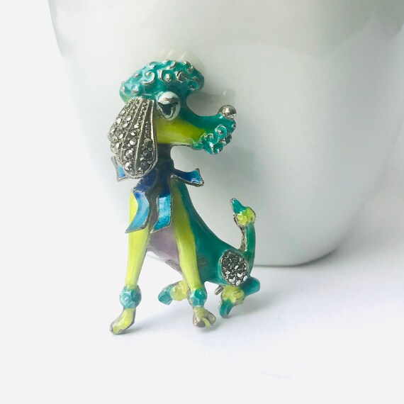 Vintage Poodle Enamel and Marcasite Sterling Broo