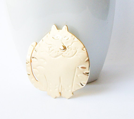 Vintage Gold Tone Cat Brooch, Fat Cat Pin