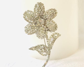 Vintage Rhinestone Flower Brooch, Clear Rhinestone Brooch