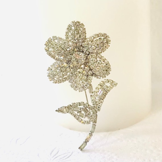 Vintage Rhinestone Flower Brooch, Clear Rhineston… - image 1