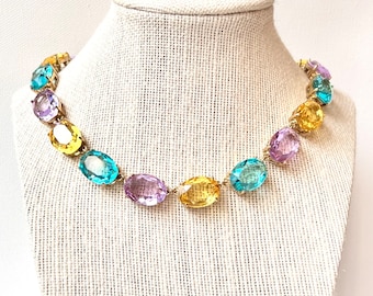 Blue, Yellow, Purple Crystal Necklace by Heidi Daus, Spring Pastel Necklace