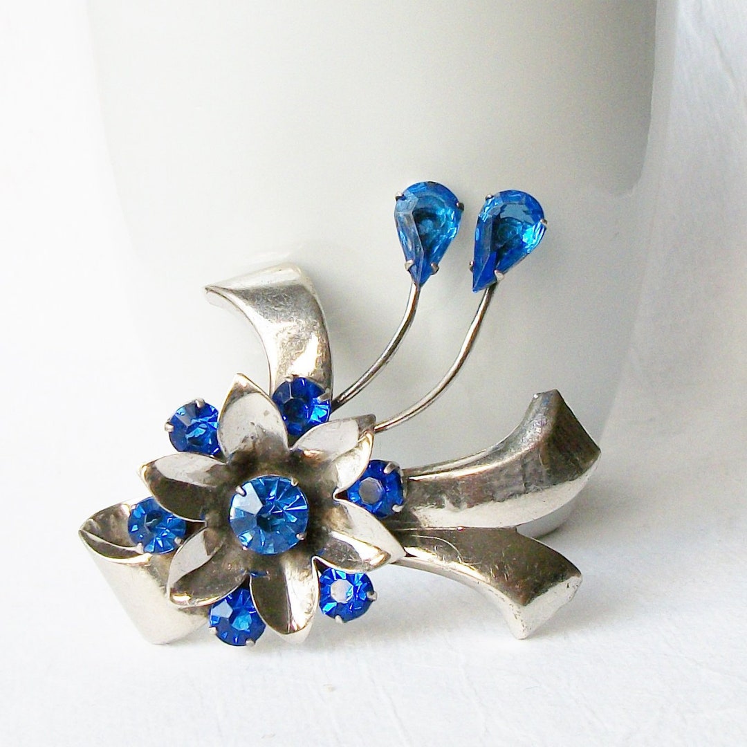 Vintage Sterling Silver Flower Brooch: Blue Crystal Pin - Etsy