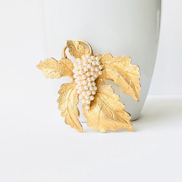 Vintage Hobe Pearl Grape Leaf Brooch Vintage Pin
