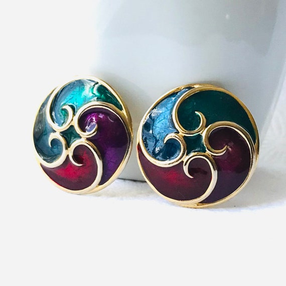 Vintage Blue Green and Burgundy Clip Earrings - image 1