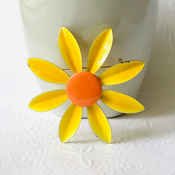 Vintage Orange Yellow Flower Brooch, 1960 Flower … - image 1