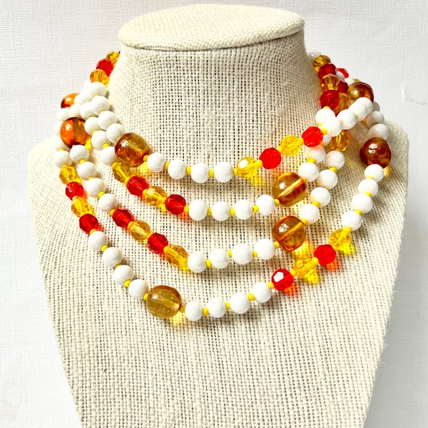 Vintage Orange Yellow Beaded Necklace, 60 inches