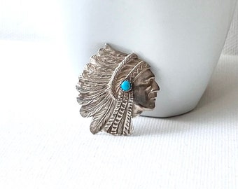 Vintage Indian Chief Brooch Sterling Silver with Turquoise