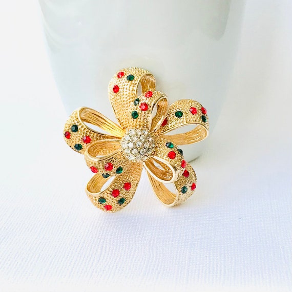 Vintage Rhinestone Bow Brooch: Holiday Ribbon Pin - Etsy