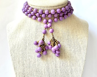 Vintage 1960s Purple Beaded Tassel Necklace 34 inch