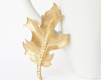 Vintage Leaf Brooch, Vintage Rhinestone Brooch