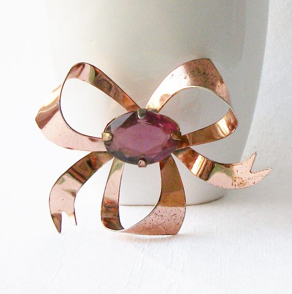 Vintage Amethyst Purple Rhinestone Bow Brooch, Ri… - image 1