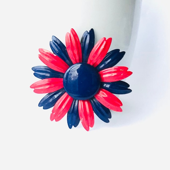 Vintage Blue and Red Enamel Flower Brooch, 1960 F… - image 1