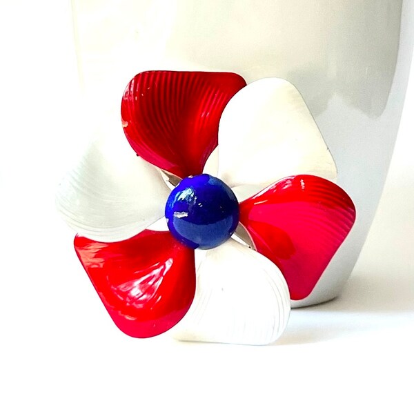 Vintage 1960s Enamel Flower Brooch: Red, White & Blue Patriotic Jewelry