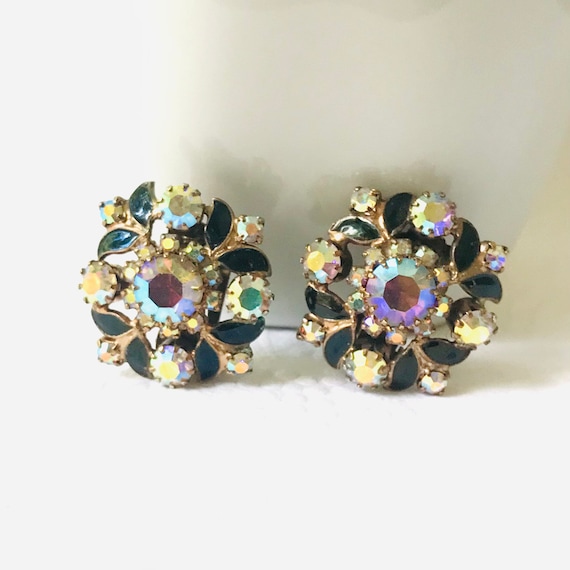 Vintage Black and Crystal Clip Earrings - image 1