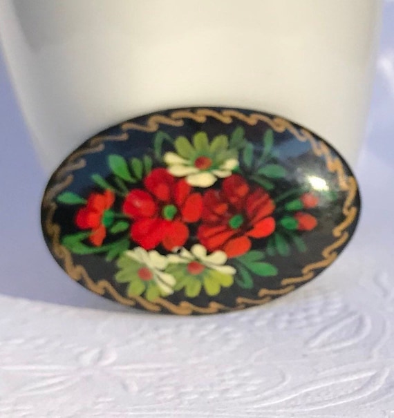 Vintage Russian Hand painted Black Flower Brooch