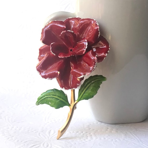Vintage 1960s Red Enamel Flower Brooch Pin