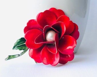 Vintage Red Rose Enamel Flower Brooch