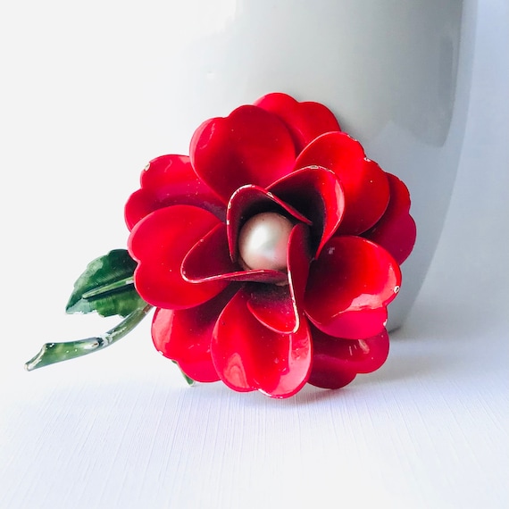 Vintage Red Rose Enamel Flower Brooch - image 1