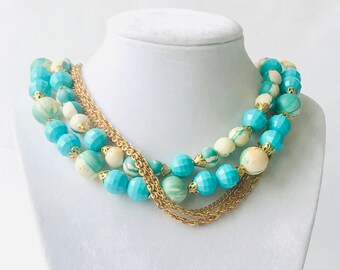 Collier bleu vintage à trois rangs, vintage 1950, bleu turquoise