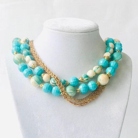 Vintage Blue Three Strand Necklace, Vintage 1950