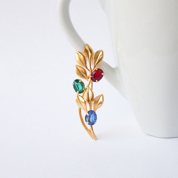 Vintage Blue Red and Green Flower Brooch - image 1