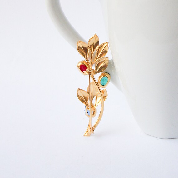 Vintage Blue Red and Green Flower Brooch - image 2