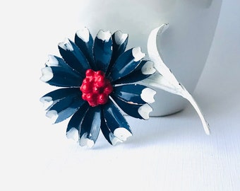 Vintage Red White Blue Enamel Flower Brooch, 1960 Flower Power Brooch, Vintage Patriotic Jewelry