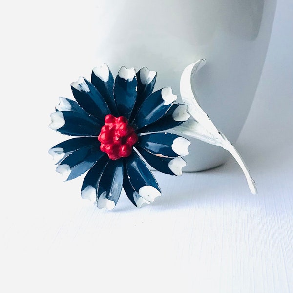 Vintage Enamel Flower Brooch: Red, White, and Blue Patriotic Jewelry