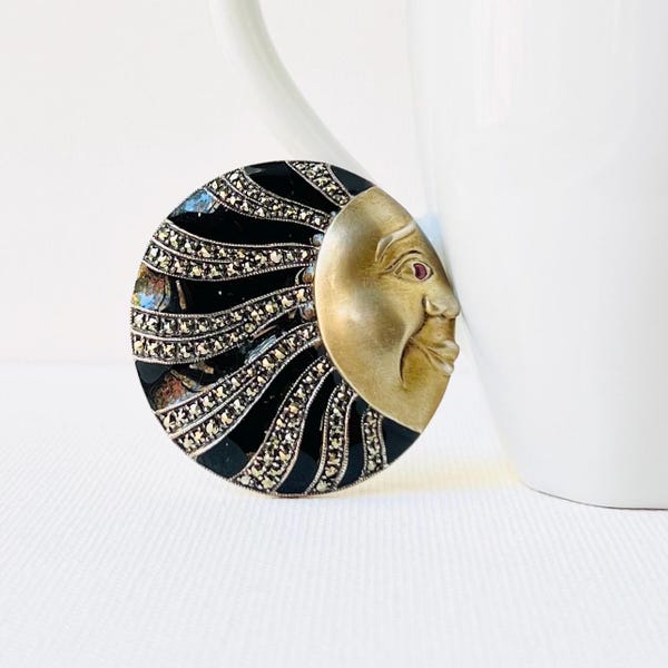 Vintage Man in the Moon Marcasite Sterling Silver Brooch