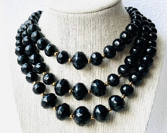 Vintage Black Necklace, 1950 Triple Strand Necklace