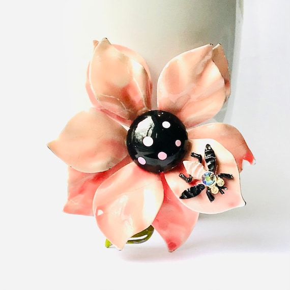 Vintage Pink Enamel Flower Brooch with a fly - image 1