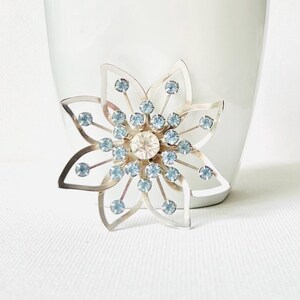 Vintage Blue Rhinestone Flower Brooch: 1950s Crystal Pin