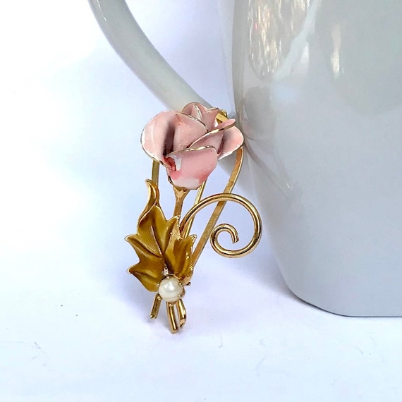 Vintage Pink Rose Brooch, Pearl Rose Brooch - image 1