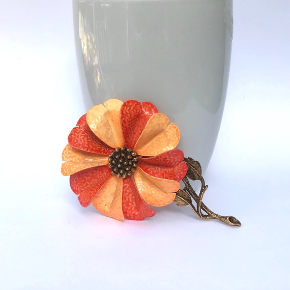 Vintage Orange Flower Brooch, 1960 Flower Power P… - image 1