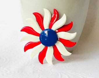 Vintage Enamel Flower Brooch: 1960s Red White Blue Jewelry