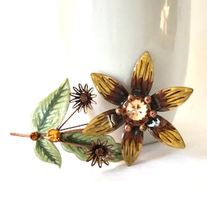 Vintage Rhinestone and Brown Flower Brooch
