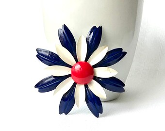 Vintage Red White Blue Enamel Flower Brooch, 1960 Flower Power Brooch, Vintage Patriotic Jewelry