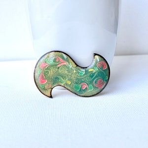 Vintage Green Enamel Brooch: Copper Floral Pin, Marked MB&#39;65