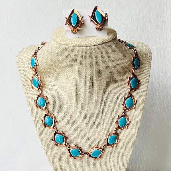 Vintage Matisse Copper and Blue Enamel Set, Vintage Necklace Clip-on Earring