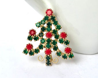 Vintage Christmas Tree Brooch, Vintage Rhinestone Christmas Jewelry