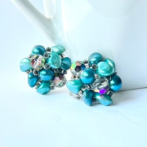 Vintage Blue Teal Cluster Clip Earrings, AUSTRIA