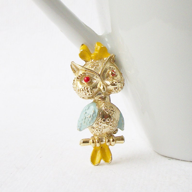 May include: A gold-tone owl brooch with blue and yellow enamel accents. The owl has red eyes and a detailed design.