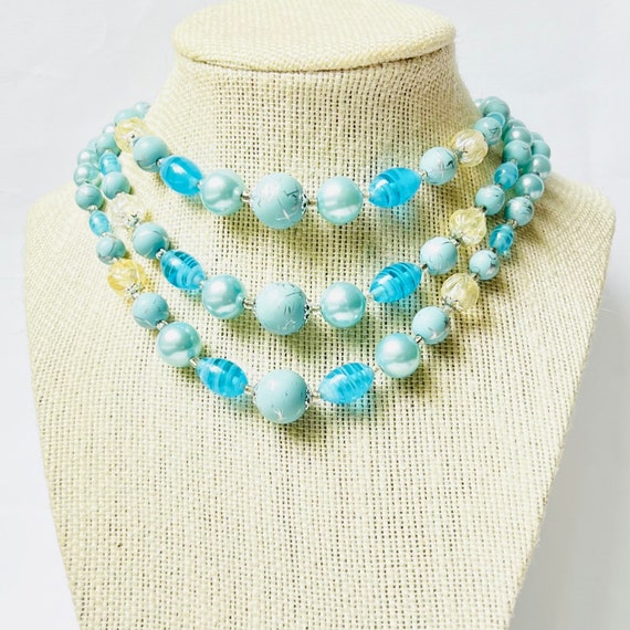 Vintage Blue Necklace, 3 strand 15 inch - image 1