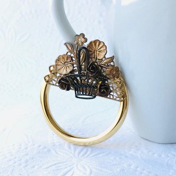 Vintage Flower Basket Brooch by Designer Denise Brown