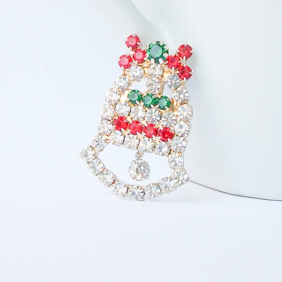 Vintage Christmas Bell Brooch, Rhinestone Christma