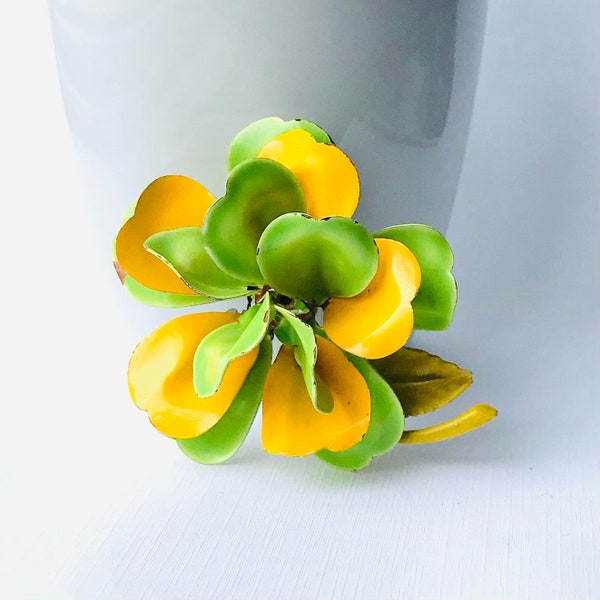 Vintage Green and Yellow Enamel Flower Brooch, 1960 Flower Power Pin